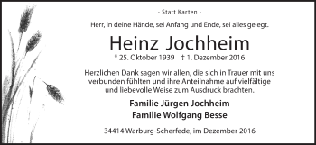 Traueranzeige von Heinz Jochheim von Waldeckische Landeszeitung