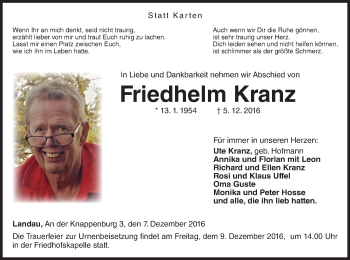 Traueranzeige von Friedhelm Kranz von Waldeckische Landeszeitung