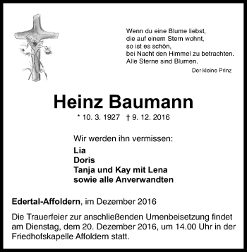 Traueranzeige von Heinz Baumann von Waldeckische Landeszeitung