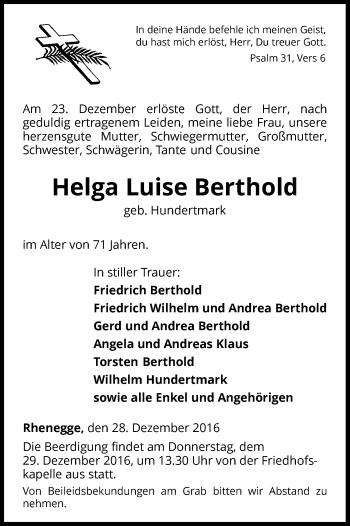 Traueranzeige von Helga Luise Berthold von Waldeckische Landeszeitung