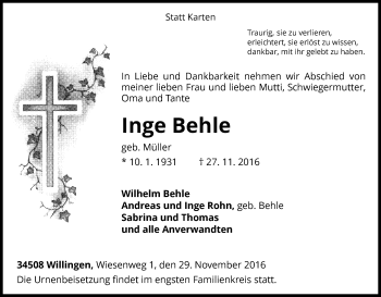 Traueranzeige von Inge Behle von Waldeckische Landeszeitung