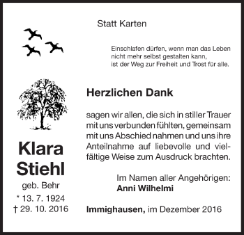 Traueranzeige von Klara Stiehl von Waldeckische Landeszeitung