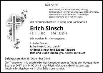 Traueranzeige von Erich Sinsch von Waldeckische Landeszeitung