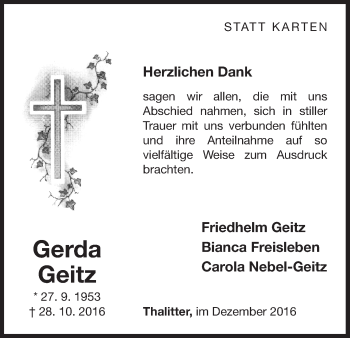 Traueranzeige von Gerda Geitz von Waldeckische Landeszeitung