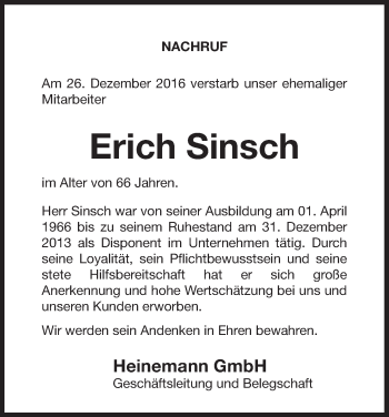 Traueranzeige von Erich Sinsch von Waldeckische Landeszeitung