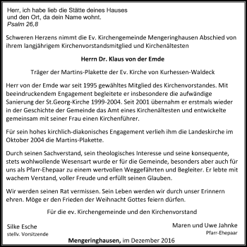 Traueranzeige von Klaus von der Emde von Waldeckische Landeszeitung