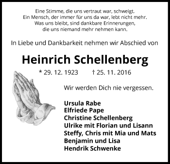 Traueranzeige von Heinrich Schellenberg von Waldeckische Landeszeitung