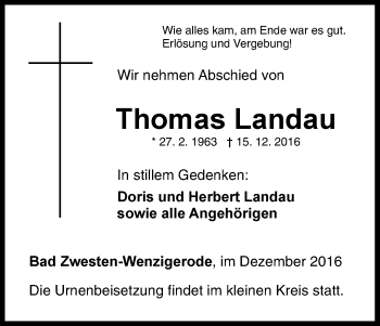 Traueranzeige von Thomas Landau von Waldeckische Landeszeitung