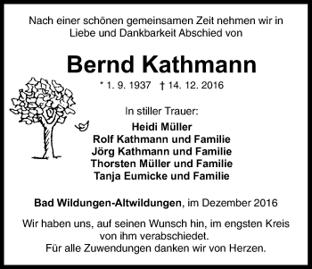 Traueranzeige von Bernd Kathmann von Waldeckische Landeszeitung