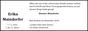 Traueranzeige von Erika Maindorfer von Waldeckische Landeszeitung