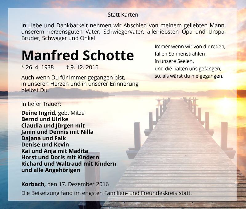  Traueranzeige für Manfred Schotte vom 17.12.2016 aus Waldeckische Landeszeitung