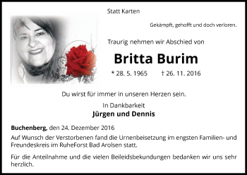 Traueranzeige von Britta Burim von Waldeckische Landeszeitung