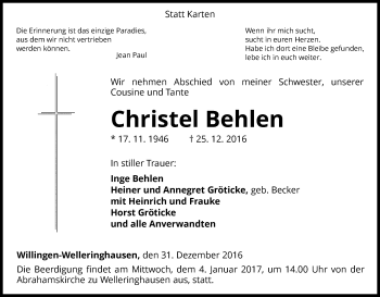 Traueranzeige von Christel Behlen von Waldeckische Landeszeitung