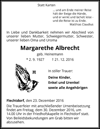 Traueranzeige von Margarethe Albrecht von Waldeckische Landeszeitung