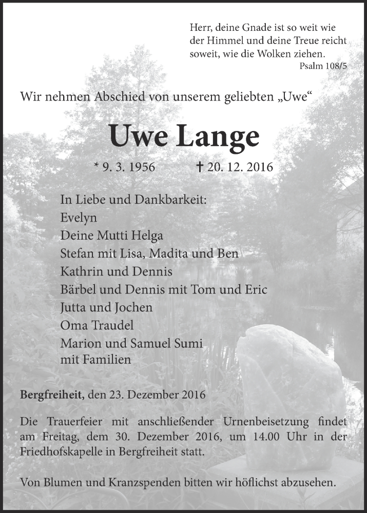  Traueranzeige für Uwe Lange vom 23.12.2016 aus Waldeckische Landeszeitung