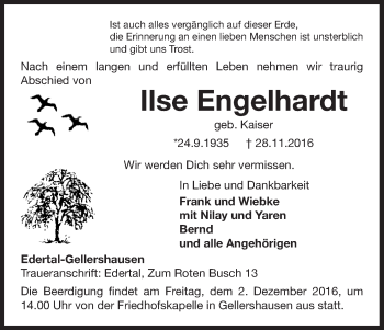 Traueranzeige von Ilse Engelhardt von Waldeckische Landeszeitung