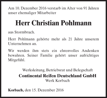 Traueranzeige von Christian Pohlmann von Waldeckische Landeszeitung