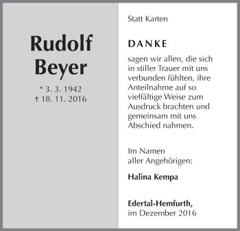 Traueranzeige von Rudolf Beyer von Waldeckische Landeszeitung