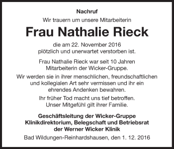 Traueranzeige von Nathalie Rieck von Waldeckische Landeszeitung