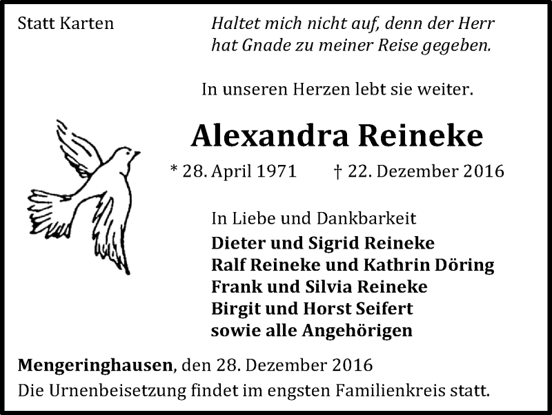  Traueranzeige für Alexandra Reineke vom 28.12.2016 aus Waldeckische Landeszeitung