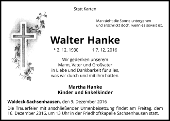 Traueranzeige von Walter Hanke von Waldeckische Landeszeitung