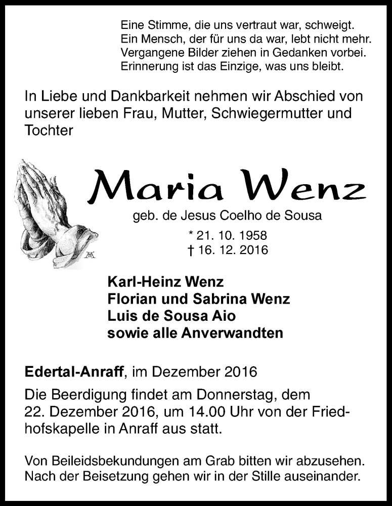  Traueranzeige für Maria Wenz vom 20.12.2016 aus Waldeckische Landeszeitung
