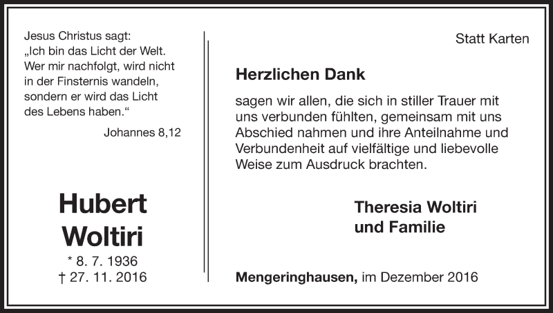  Traueranzeige für Hubert Woltiri vom 17.12.2016 aus Waldeckische Landeszeitung