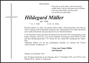 Traueranzeige von Hildegard Müller von Waldeckische Landeszeitung