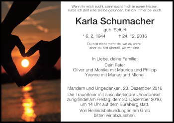 Traueranzeige von Karla Schumacher von Waldeckische Landeszeitung