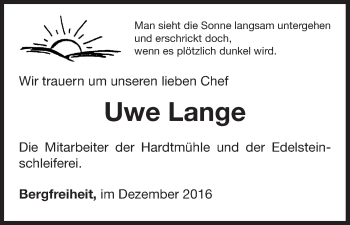 Traueranzeige von Uwe Lange von Waldeckische Landeszeitung