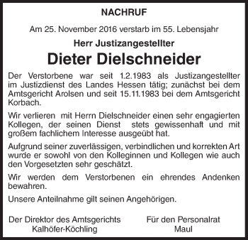 Traueranzeige von Dieter Dielschneider von Waldeckische Landeszeitung