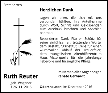 Traueranzeige von Ruth Reuter von Waldeckische Landeszeitung