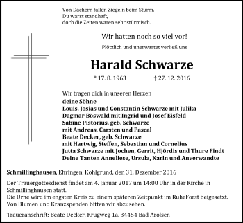 Traueranzeige von Harald Schwarze von Waldeckische Landeszeitung