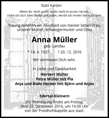 Traueranzeige von Anna Müller von Waldeckische Landeszeitung