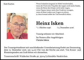 Traueranzeige von Heinz Isken von Waldeckische Landeszeitung