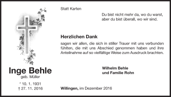 Traueranzeige von Inge Behle von Waldeckische Landeszeitung