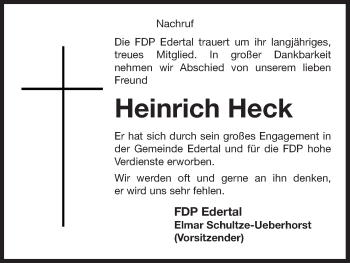 Traueranzeige von Heinrich Heck von Waldeckische Landeszeitung