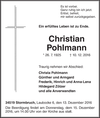 Traueranzeige von Christian Pohlmann von Waldeckische Landeszeitung