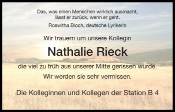 Traueranzeige von Nathalie Rieck von Waldeckische Landeszeitung