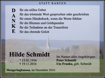 Traueranzeige von Hilde Schmidt von Waldeckische Landeszeitung