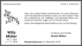 Traueranzeige von Willy Müller von Waldeckische Landeszeitung