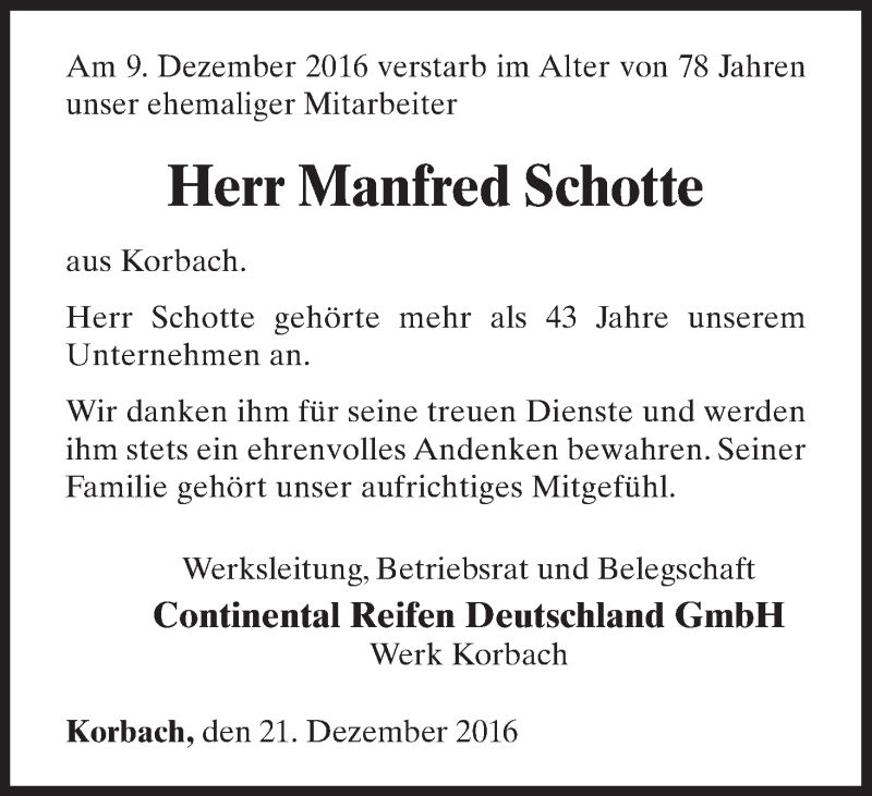  Traueranzeige für Manfred Schotte vom 21.12.2016 aus Waldeckische Landeszeitung
