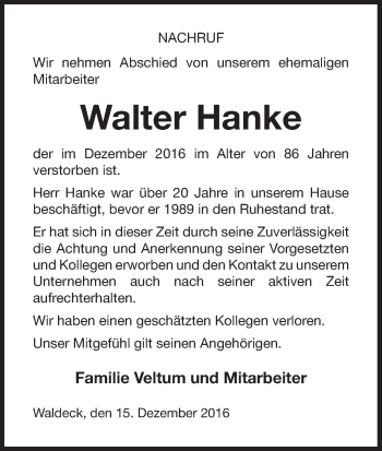 Traueranzeige von Walter Hanke von Waldeckische Landeszeitung