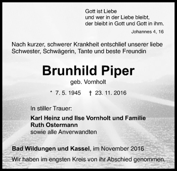 Traueranzeige von Brunhild Piper von Waldeckische Landeszeitung