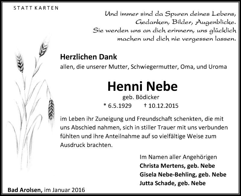  Traueranzeige für Henni Nebe vom 23.01.2016 aus Waldeckische Landeszeitung