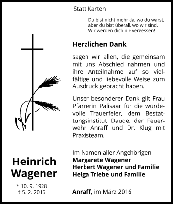 Traueranzeige von Heinrich Wagener von Waldeckische Landeszeitung