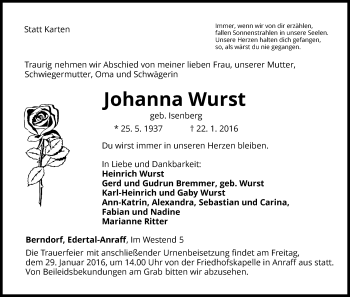 Traueranzeige von Johanna Wurst von Waldeckische Landeszeitung