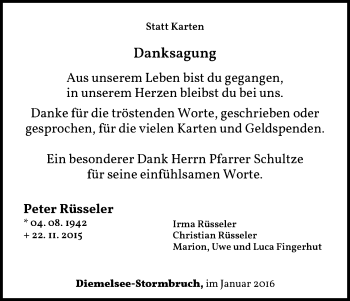 Traueranzeige von Peter Rüsseler von Waldeckische Landeszeitung