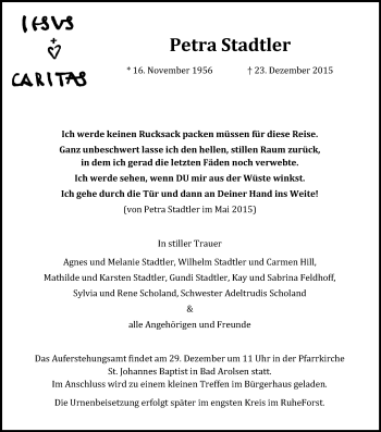 Traueranzeige von Petra Stadtler von Waldeckische Landeszeitung