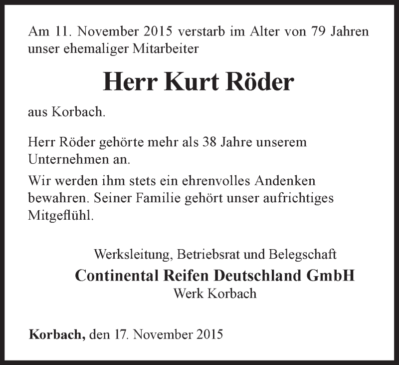  Traueranzeige für Kurt Röder vom 20.11.2015 aus Waldeckische Landeszeitung